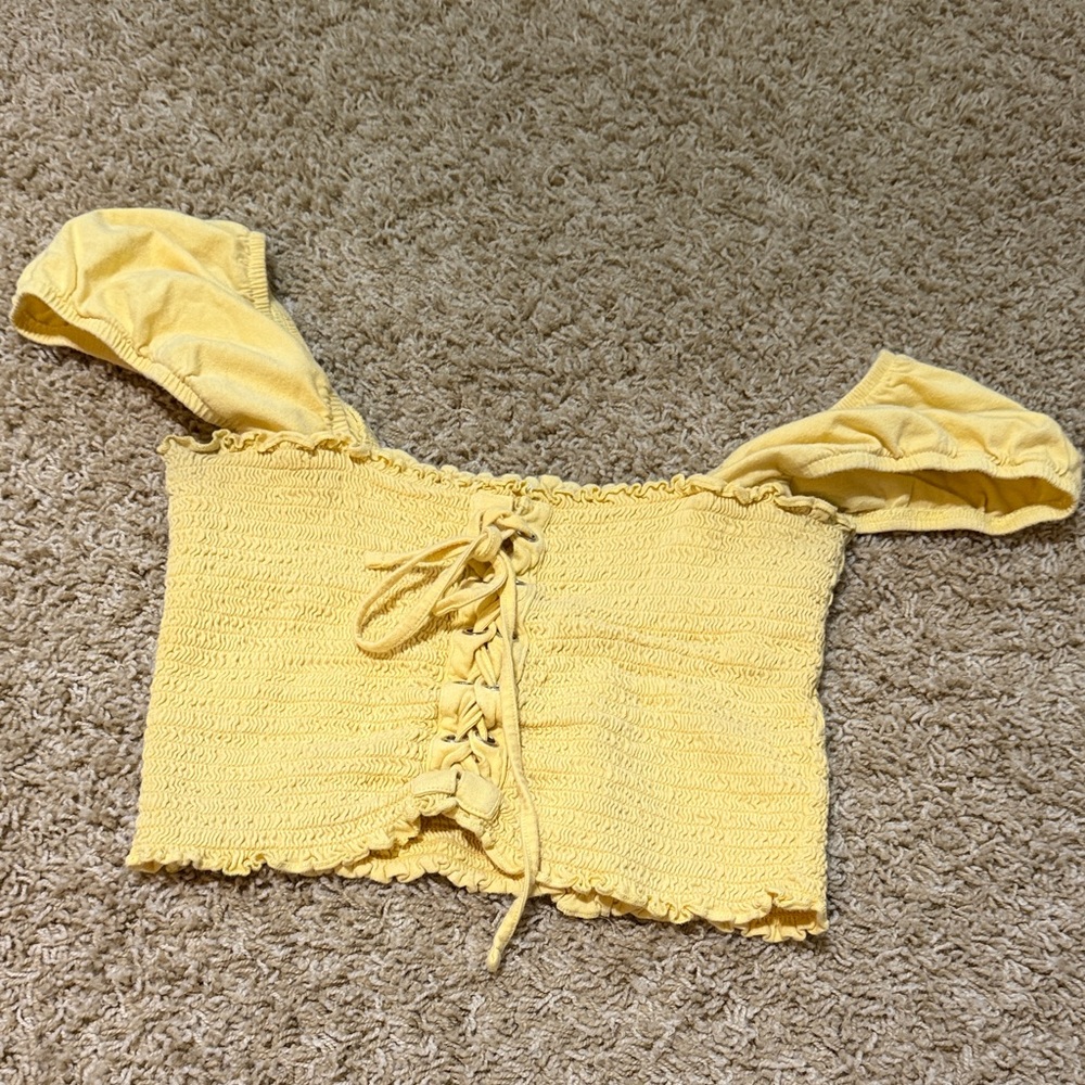 Me to We Yellow Lace-Up Smocked Off-Shoulder Crop Top